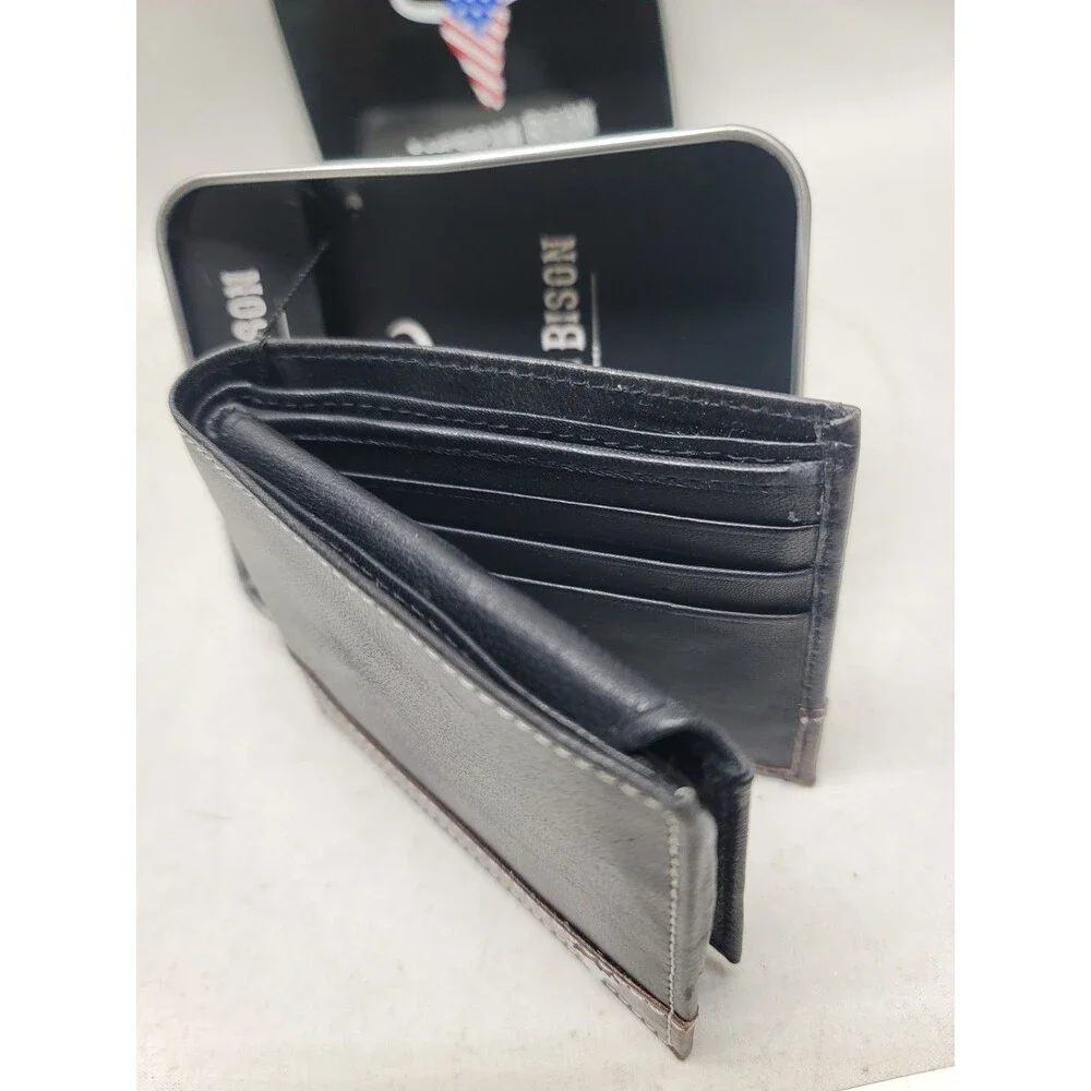 American Bison Men’s Black Brown Genuine Leather Bifold Wallet New